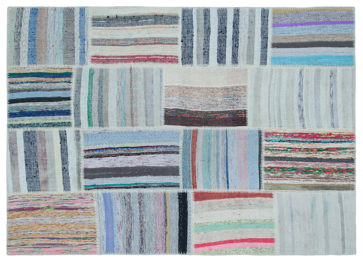 Striped Over Dyed Kilim Patchwork Unique Rug 5&#39;3&#39;&#39; x 7&#39;5&#39;&#39; ft 160 x 225 cm