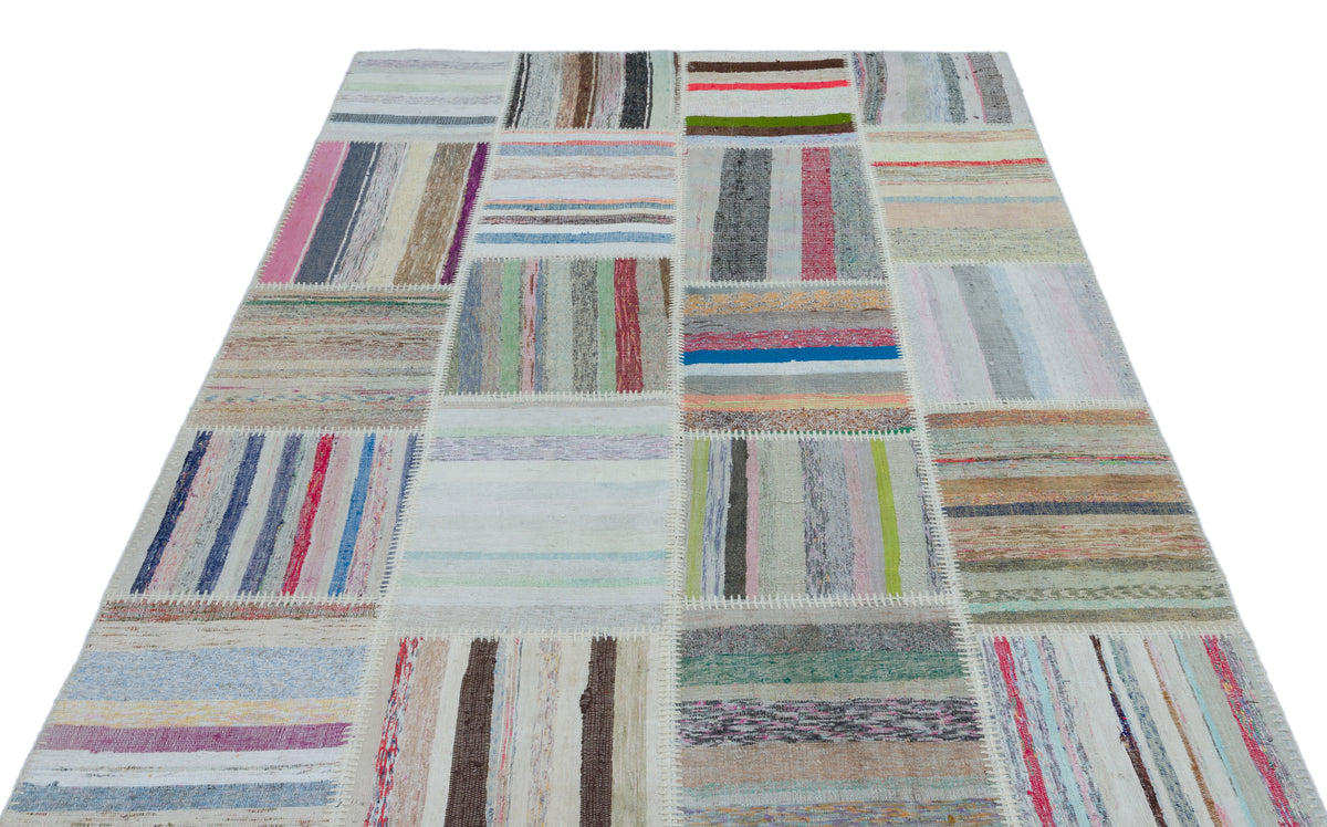 Striped Over Dyed Kilim Patchwork Unique Rug 5&#39;3&#39;&#39; x 7&#39;3&#39;&#39; ft 160 x 222 cm