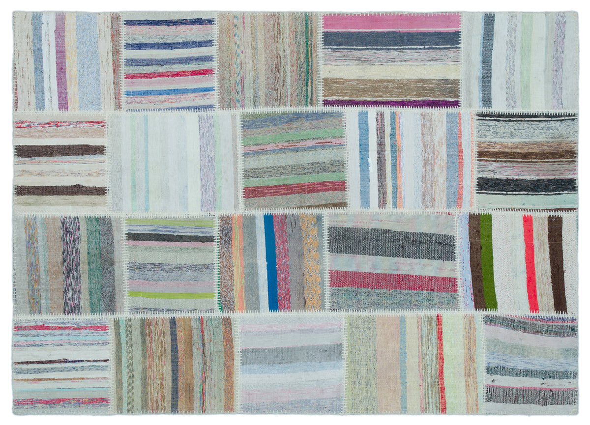Striped Over Dyed Kilim Patchwork Unique Rug 5&#39;3&#39;&#39; x 7&#39;3&#39;&#39; ft 160 x 222 cm