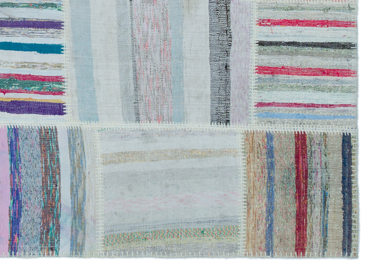 Striped Over Dyed Kilim Patchwork Unique Rug 5&#39;2&#39;&#39; x 7&#39;3&#39;&#39; ft 158 x 222 cm