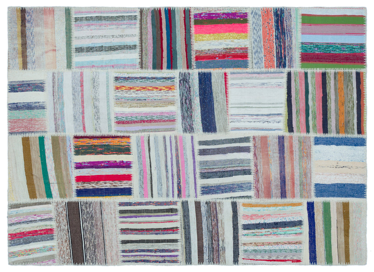 Striped Over Dyed Kilim Patchwork Unique Rug 5&#39;3&#39;&#39; x 7&#39;4&#39;&#39; ft 160 x 223 cm