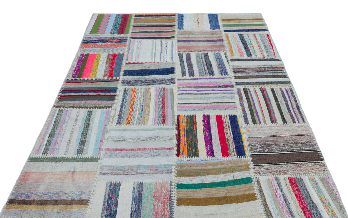 Striped Over Dyed Kilim Patchwork Unique Rug 5&#39;3&#39;&#39; x 7&#39;4&#39;&#39; ft 160 x 223 cm