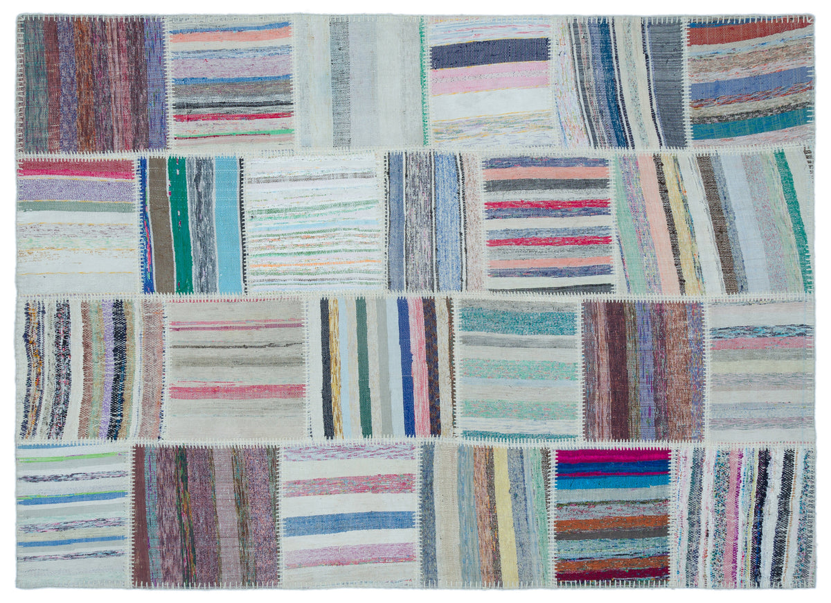 Striped Over Dyed Kilim Patchwork Unique Rug 5&#39;3&#39;&#39; x 7&#39;3&#39;&#39; ft 160 x 222 cm