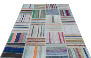 Striped Over Dyed Kilim Patchwork Unique Rug 5'2'' x 7'4'' ft 158 x 224 cm