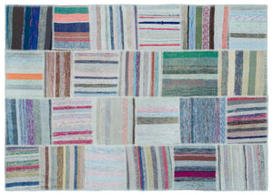 Striped Over Dyed Kilim Patchwork Unique Rug 5'2'' x 7'4'' ft 158 x 224 cm