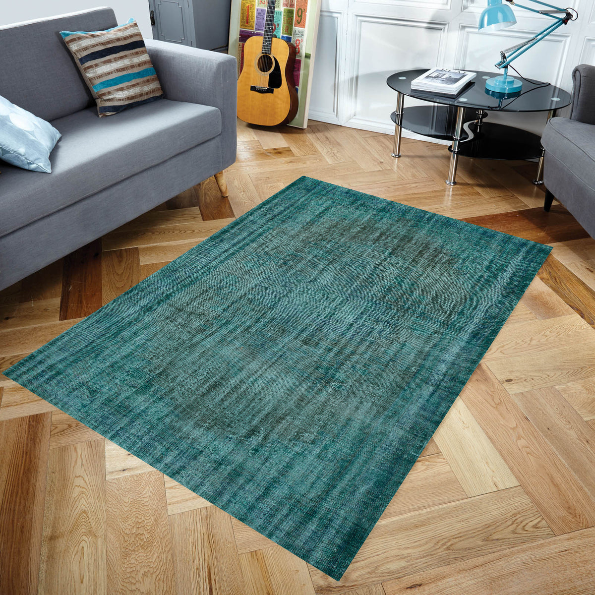 Turquoise Over Dyed Rug  I Plain Rug | Turkish Rug | Hand Weaving Rug  | Living Room Rug | Wool Rug | Vintage Rug | Tumbled Rug  | Naturel Rug | Boho Rug I5&#39;12&#39;&#39; x 10&#39;2&#39;&#39; ft 182 x 310 cm
