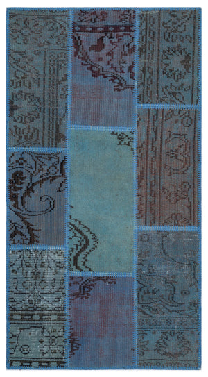 Blue Over Dyed Patchwork Unique Rug 2'7'' x 4'11'' ft 80 x 150 cm