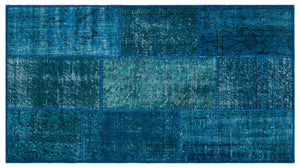 Turquoise  Over Dyed Patchwork Unique Rug 2'7'' x 4'11'' ft 80 x 150 cm