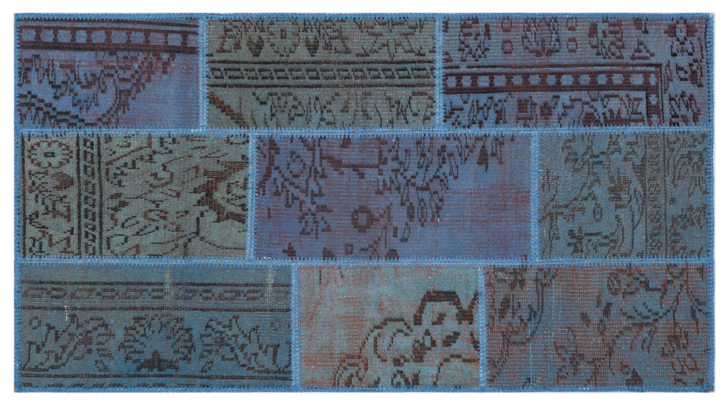 Blue Over Dyed Patchwork Unique Rug 2'7'' x 4'11'' ft 80 x 150 cm