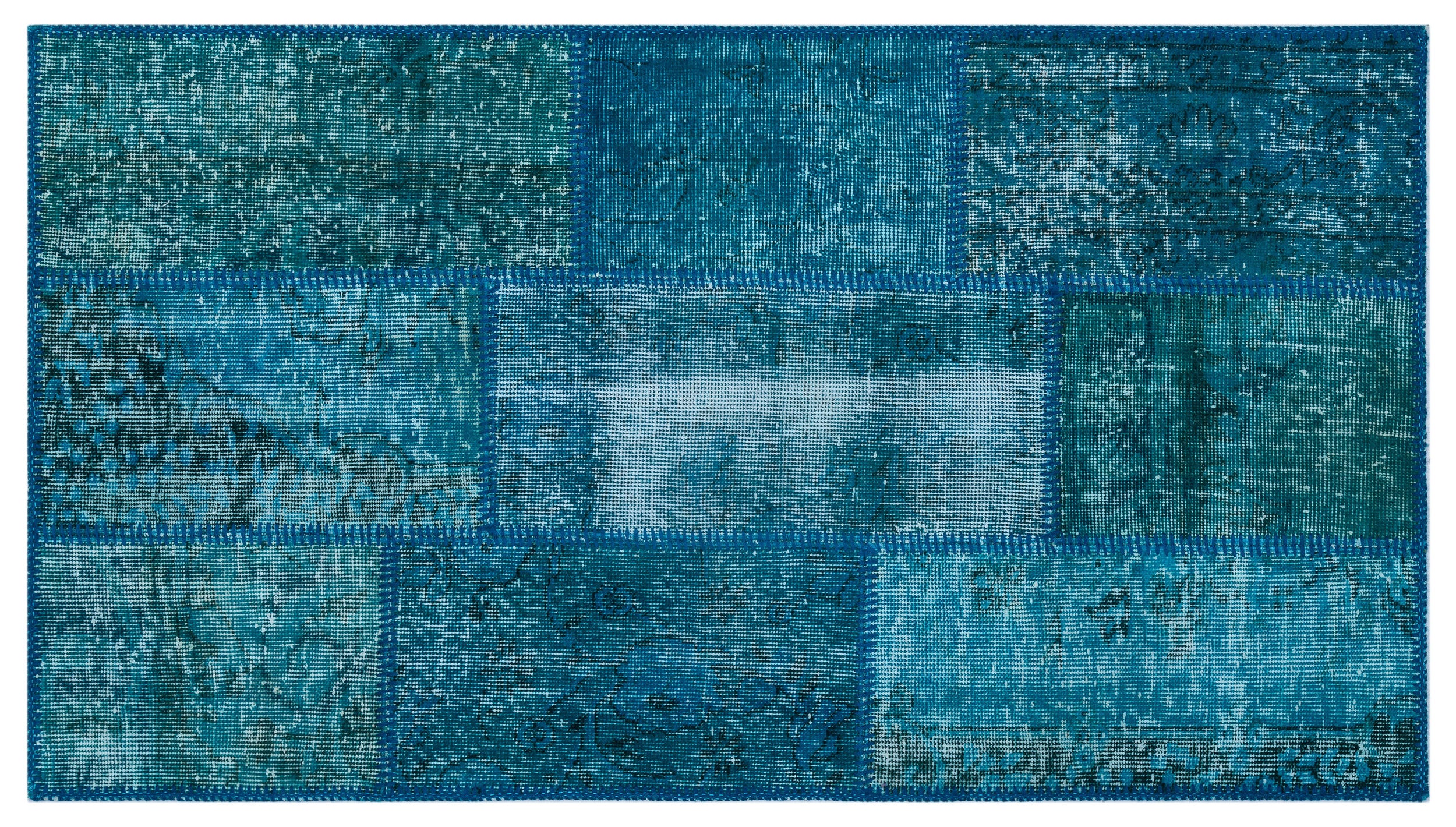 Turquoise  Over Dyed Patchwork Unique Rug 2'7'' x 4'11'' ft 80 x 150 cm