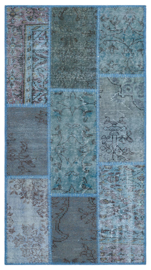 Blue Over Dyed Patchwork Unique Rug 2'7'' x 4'11'' ft 80 x 150 cm