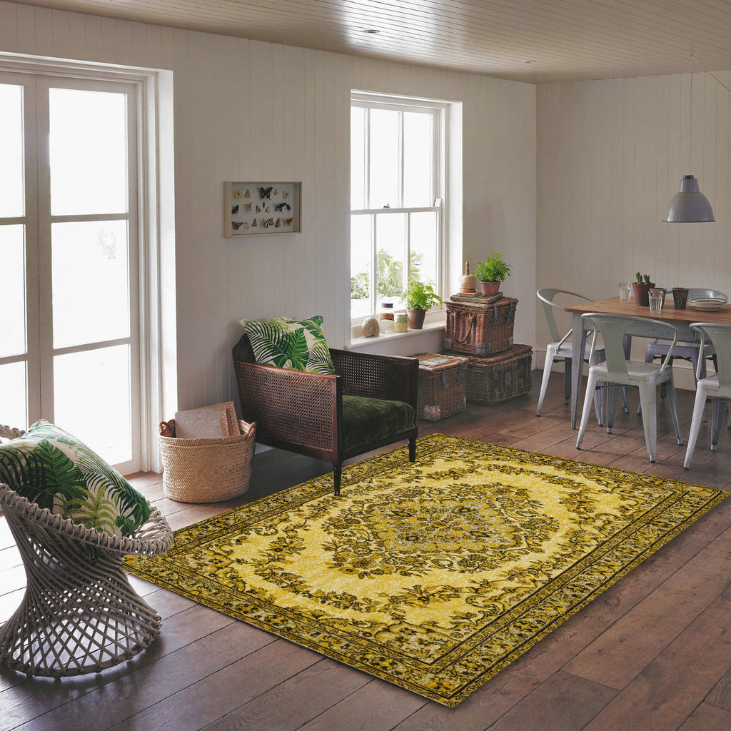 Yellow Over Dyed Rug | Traditional Desing Rug | Turkish Rug | Hand Weaving Rug  | Bedroom Rug | Wool Rug | Vintage Rug | Retro Rug | Patterned Rug | Naturel Rug  | Boho Rug I 5'7'' x 9'7'' ft 170 x 293 cm