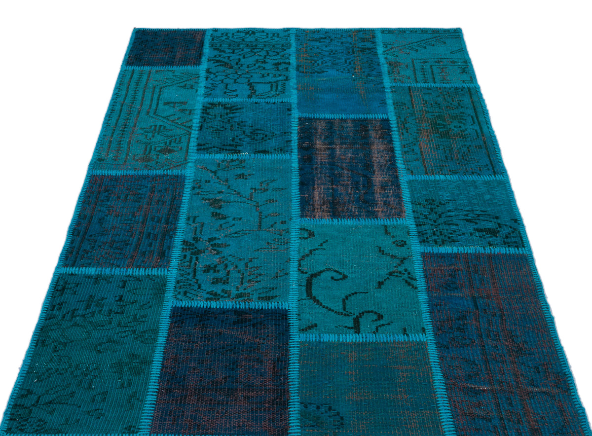 Turquoise  Over Dyed Patchwork Unique Rug 3&#39;11&#39;&#39; x 5&#39;11&#39;&#39; ft 120 x 180 cm