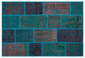 Turquoise  Over Dyed Patchwork Unique Rug 3'11'' x 5'11'' ft 120 x 180 cm