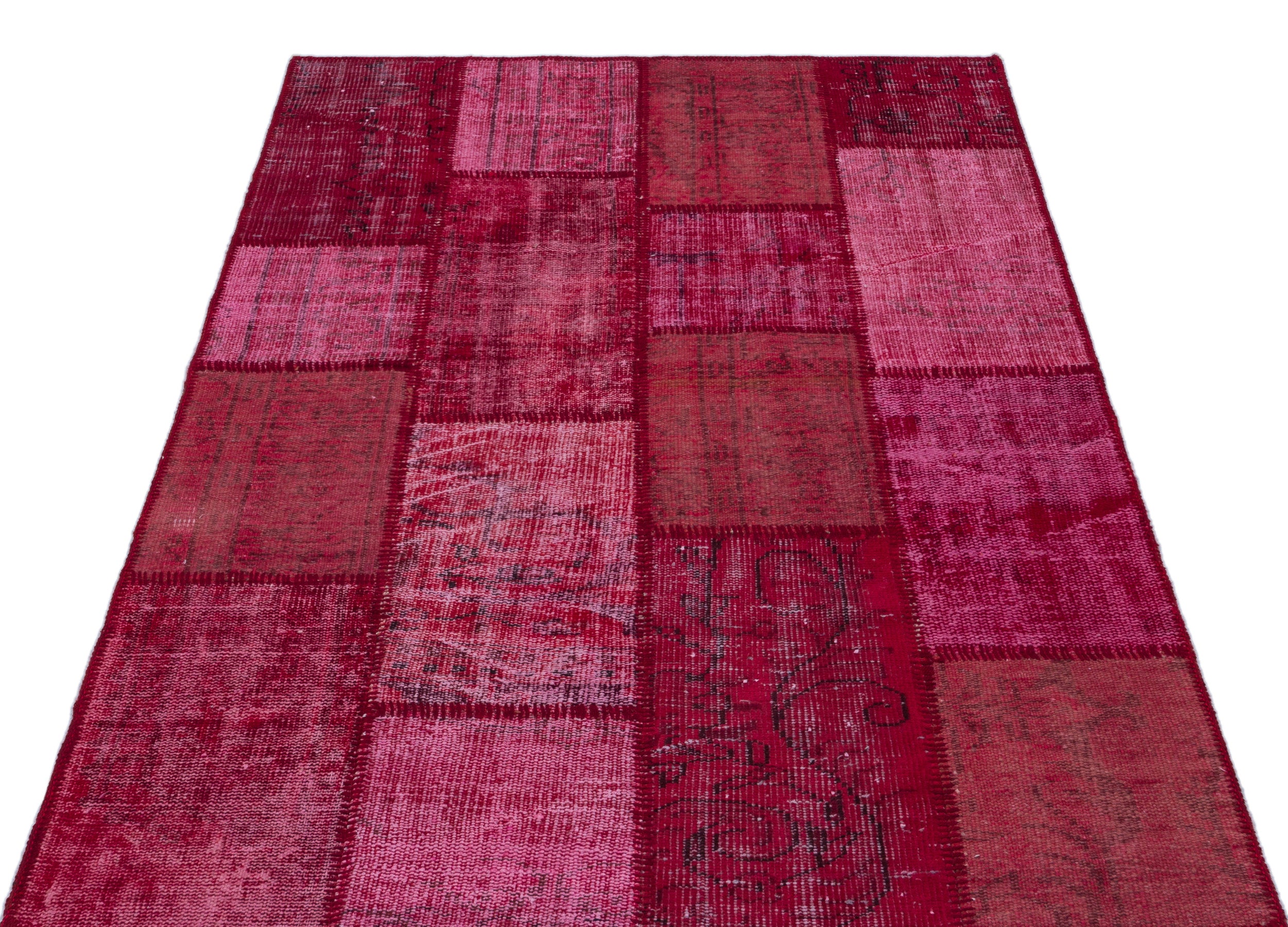 Red Over Dyed Patchwork Unique Rug 3'11'' x 5'11'' ft 120 x 180 cm