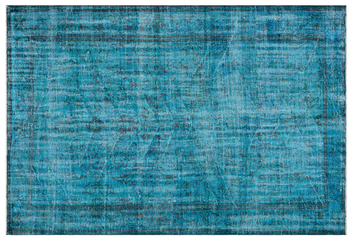 Retro Design Turquoise Over Dyed Vintage Rug 6&#39;5&#39;&#39; x 9&#39;1&#39;&#39; ft 195 x 277 cm