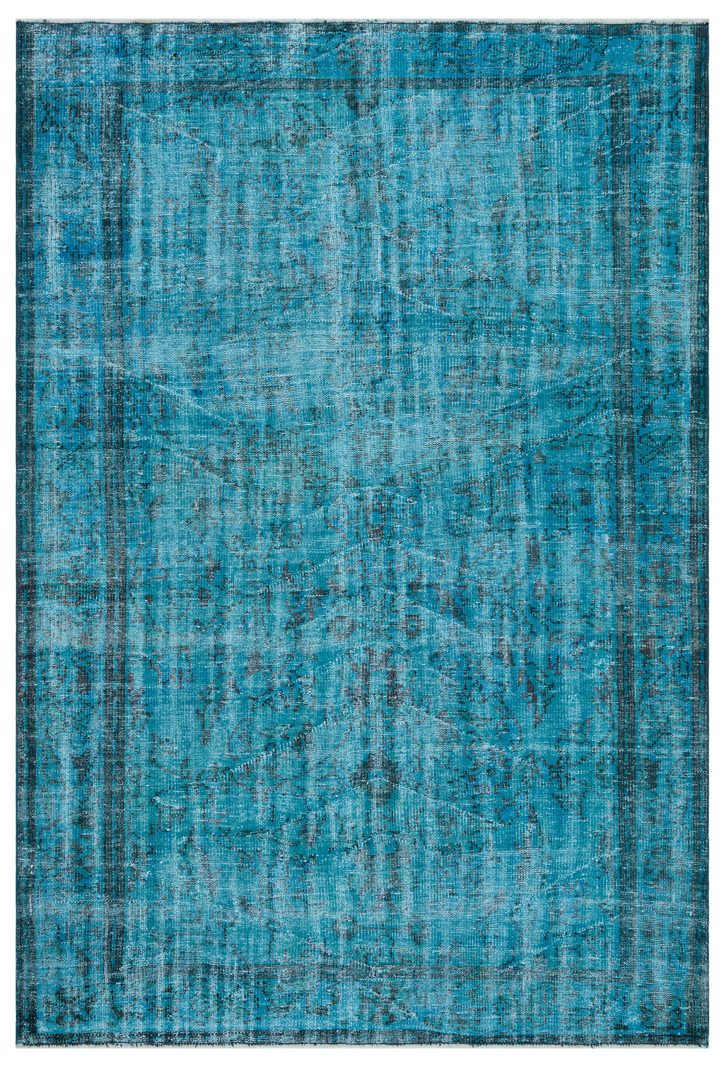Retro Design Turquoise Over Dyed Vintage Rug 6'5'' x 9'1'' ft 195 x 277 cm