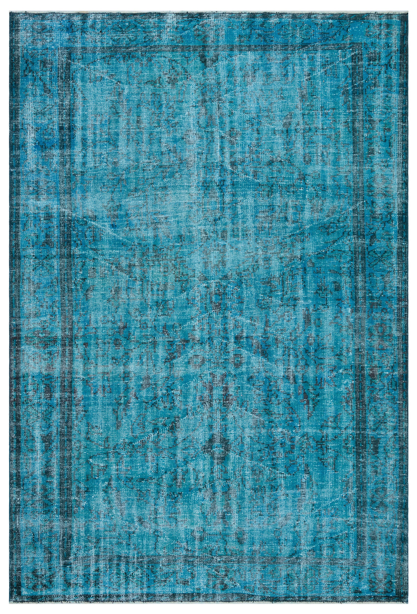 Retro Design Turquoise Over Dyed Vintage Rug 6'5'' x 9'1'' ft 195 x 277 cm