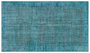 Retro Design Turquoise Over Dyed Vintage Rug 5'3'' x 9'1'' ft 160 x 278 cm