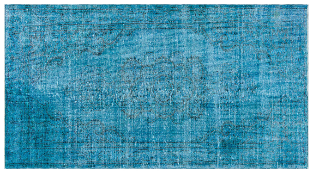 Traditional Design Turquoise Over Dyed Vintage Rug 4&#39;9&#39;&#39; x 8&#39;11&#39;&#39; ft 146 x 272 cm