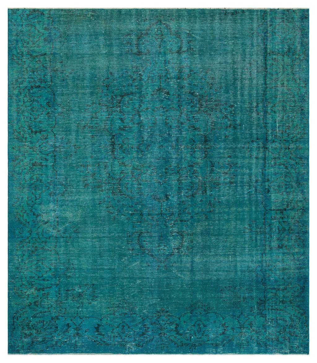 Traditional Design Turquoise Over Dyed Vintage Rug 7'4'' x 8'2'' ft 223 x 250 cm
