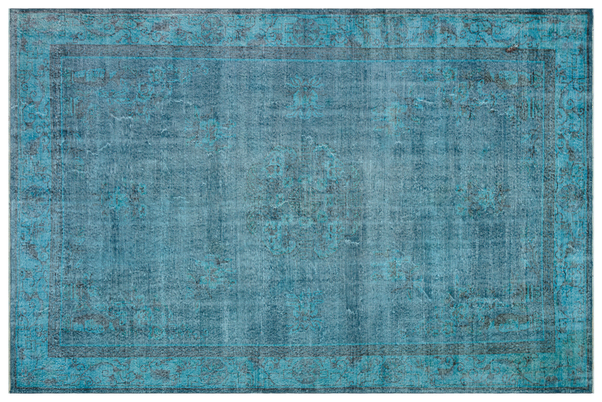 Retro Design Turquoise Over Dyed Vintage Rug 7&#39;1&#39;&#39; x 10&#39;10&#39;&#39; ft 217 x 330 cm