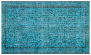 Retro Design Turquoise Over Dyed Vintage Rug 5'5'' x 9'1'' ft 165 x 277 cm