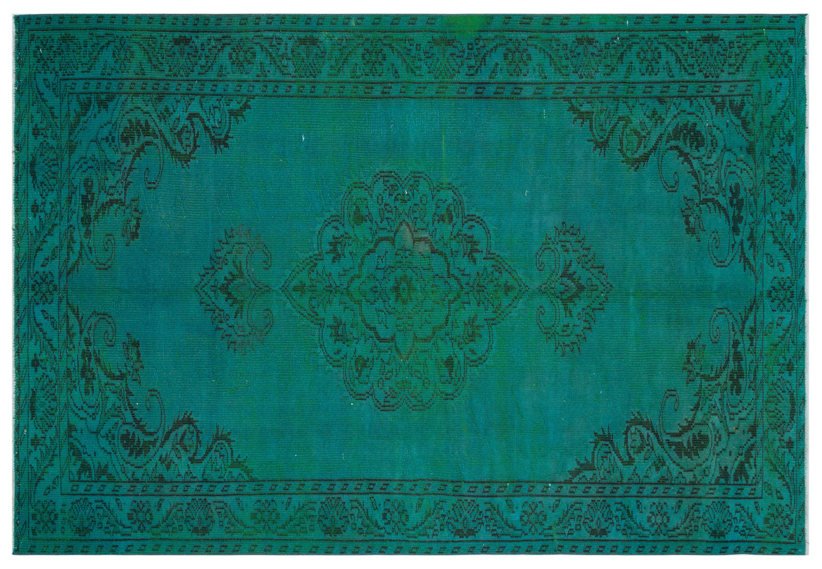 Traditional Design Turquoise Over Dyed Vintage Rug 5&#39;10&#39;&#39; x 8&#39;4&#39;&#39; ft 178 x 255 cm