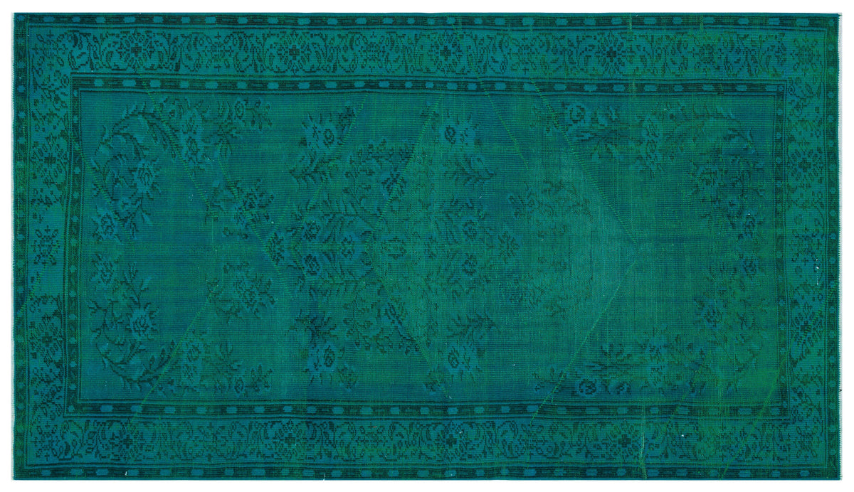 Retro Design Turquoise Over Dyed Vintage Rug 4&#39;11&#39;&#39; x 8&#39;10&#39;&#39; ft 150 x 268 cm