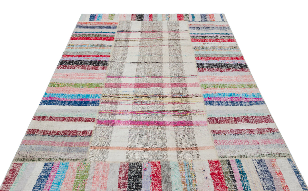 Striped Over Dyed Kilim Patchwork Unique Rug 5&#39;3&#39;&#39; x 7&#39;7&#39;&#39; ft 161 x 232 cm