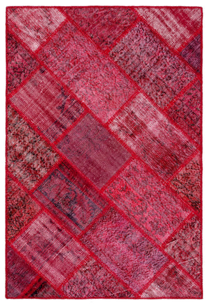 Red Over Dyed Patchwork Unique Rug 4'0'' x 5'11'' ft 123 x 181 cm