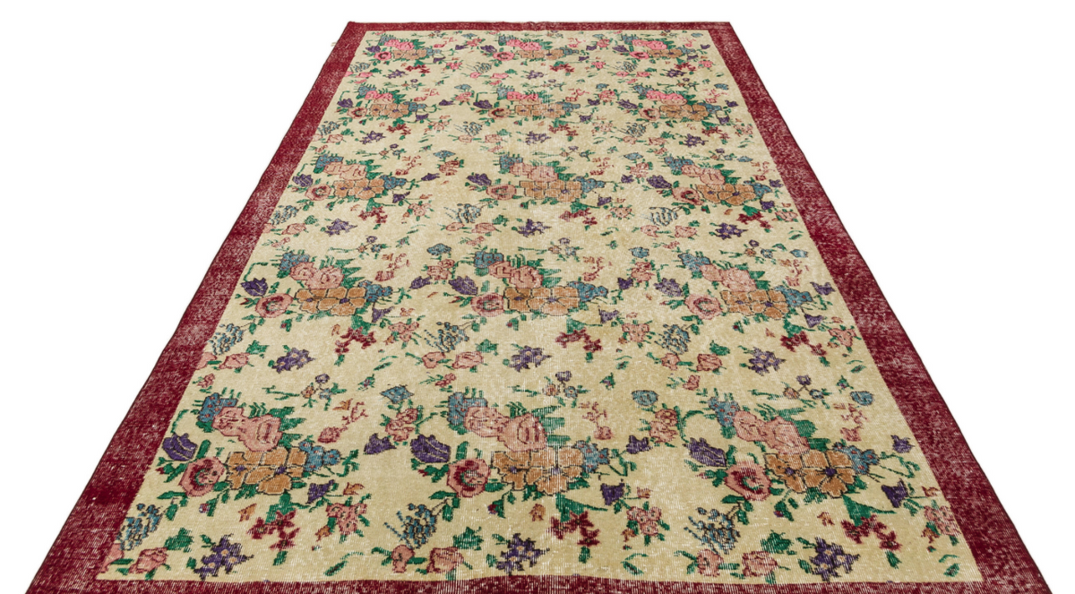 Retro Design Floral Over Dyed Vintage Rug 6&#39;3&#39;&#39; x 9&#39;8&#39;&#39; ft 190 x 295 cm