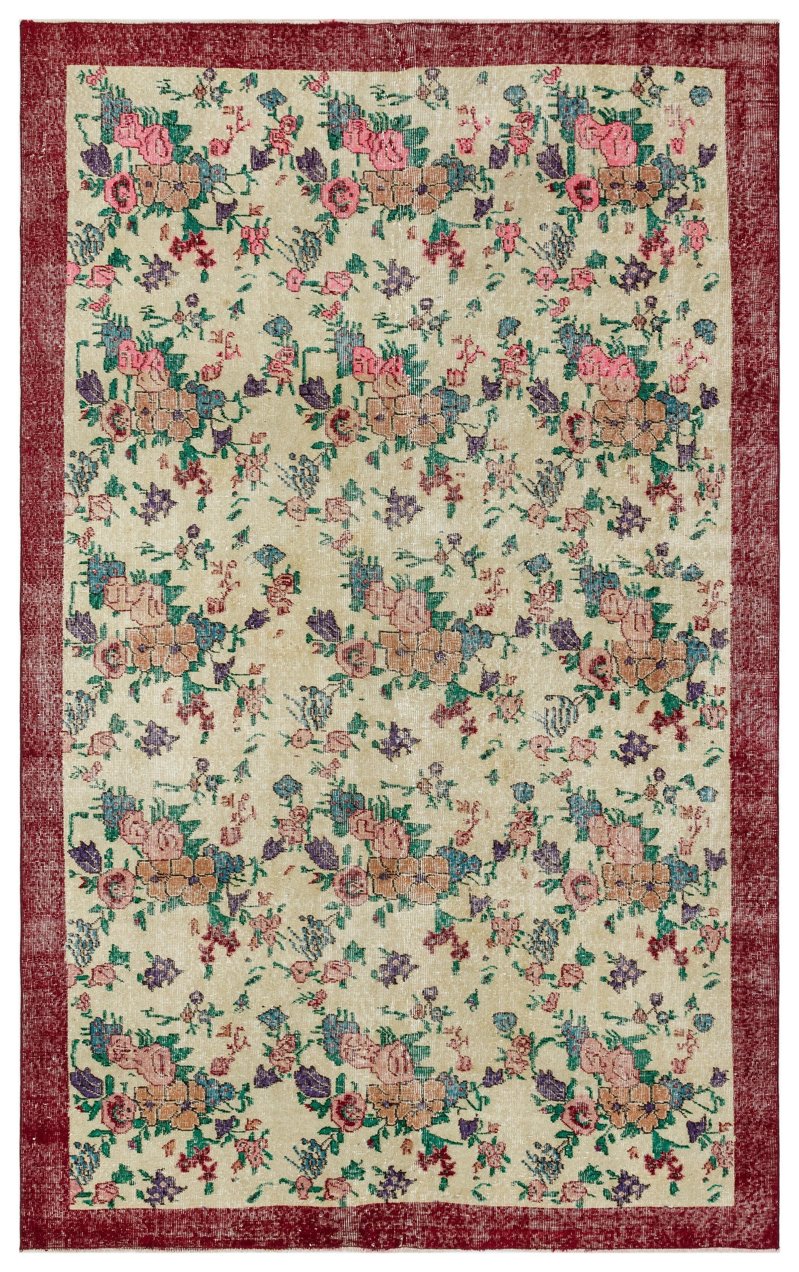 Retro Design Floral Over Dyed Vintage Rug 6'3'' x 9'8'' ft 190 x 295 cm