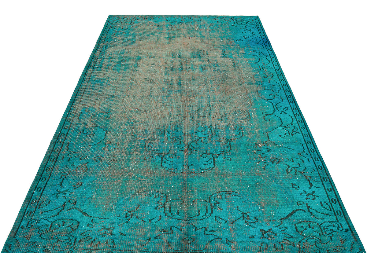 Retro Design Turquoise Over Dyed Vintage Rug 5&#39;5&#39;&#39; x 8&#39;11&#39;&#39; ft 166 x 273 cm
