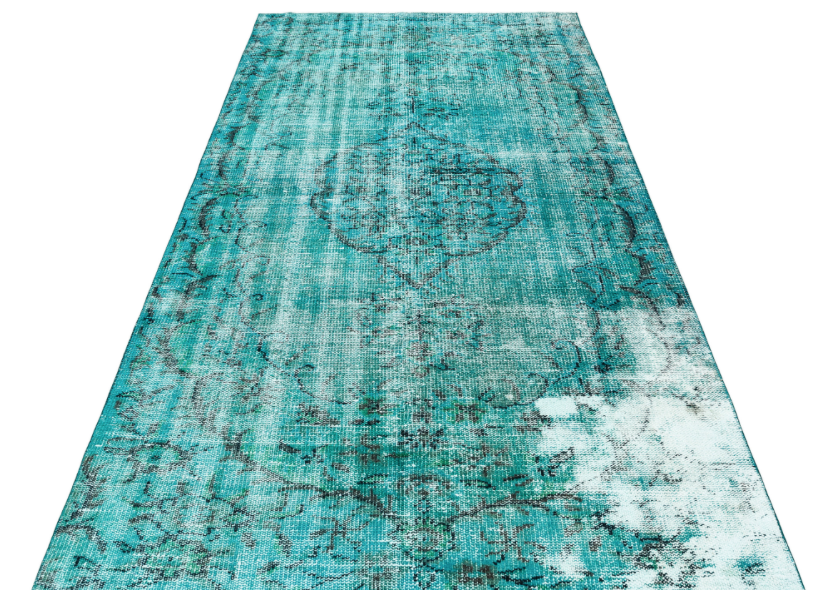 Traditional Design Turquoise Over Dyed Vintage Rug 4&#39;8&#39;&#39; x 8&#39;9&#39;&#39; ft 141 x 266 cm