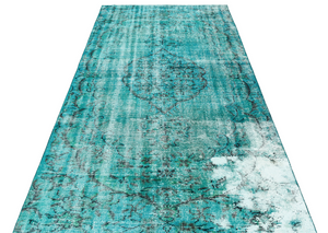 Traditional Design Turquoise Over Dyed Vintage Rug 4'8'' x 8'9'' ft 141 x 266 cm