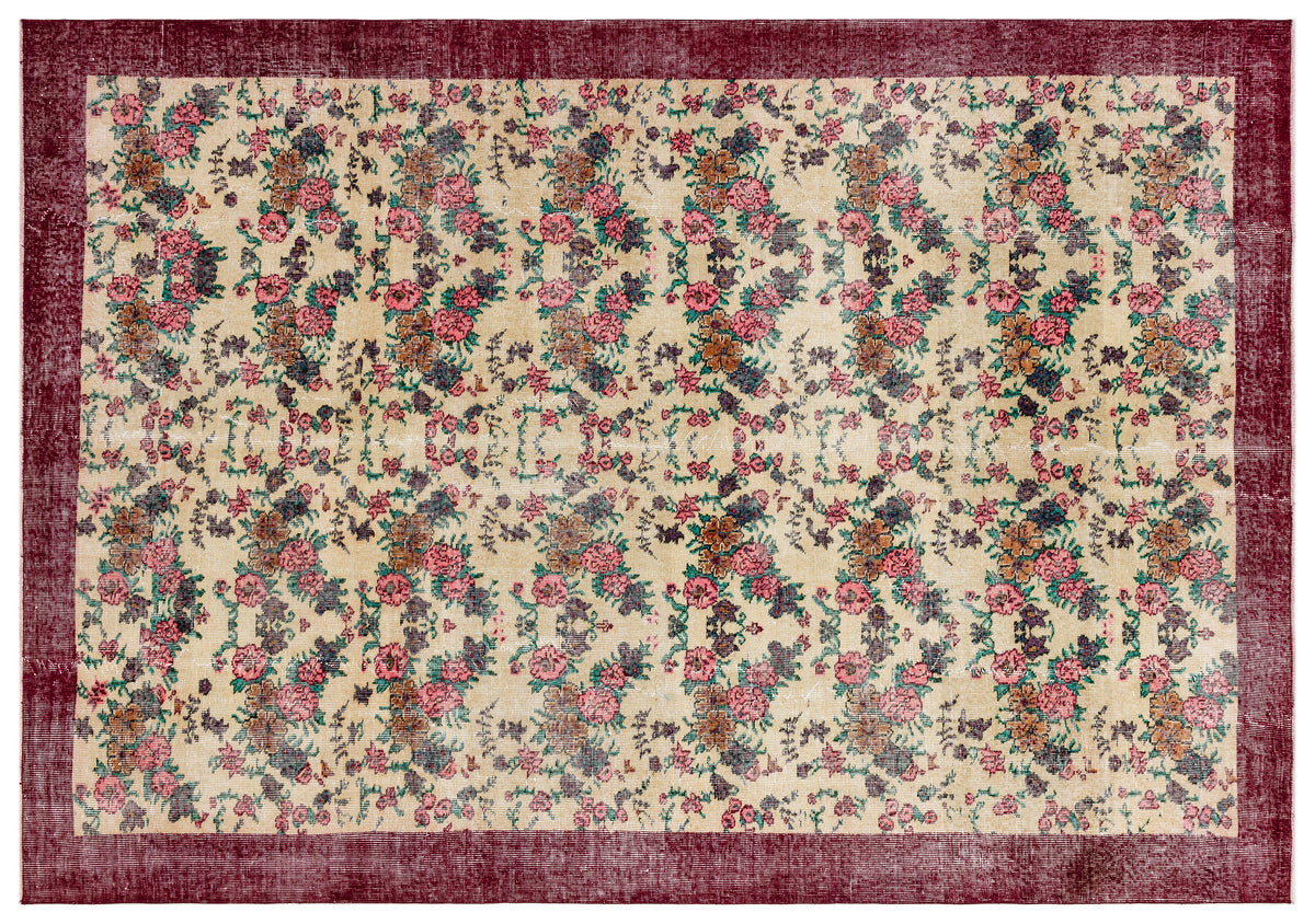 Retro Design Floral Over Dyed Vintage Rug 6&#39;11&#39;&#39; x 10&#39;0&#39;&#39; ft 210 x 305 cm