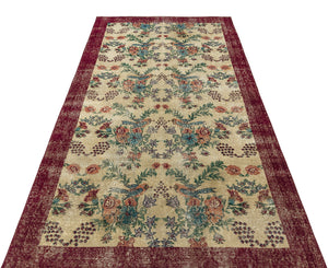 Retro Design Floral Over Dyed Vintage Rug 4'4'' x 8'1'' ft 133 x 247 cm