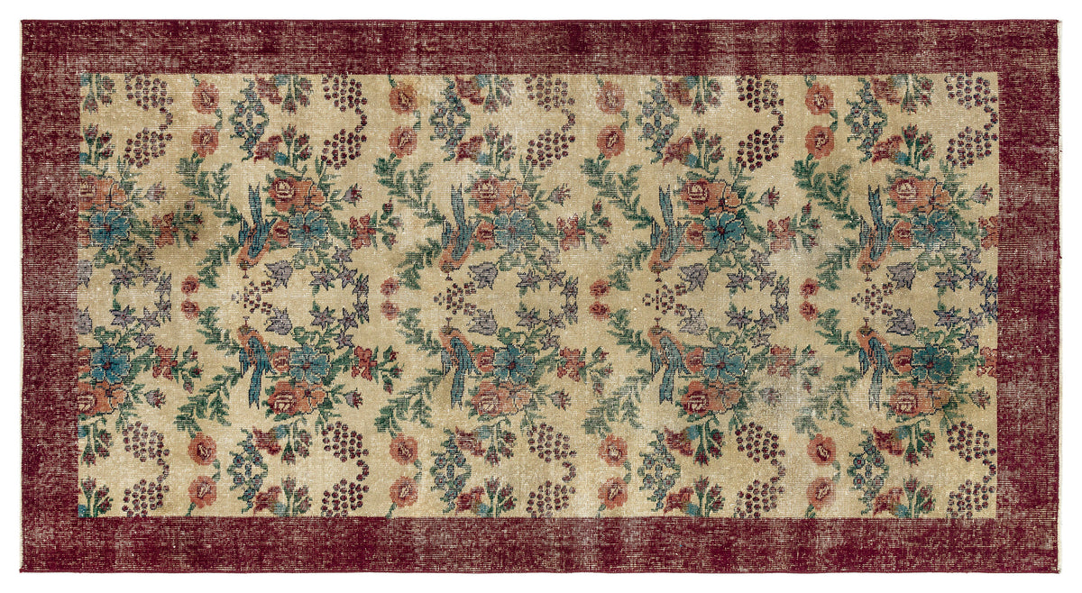 Retro Design Floral Over Dyed Vintage Rug 4&#39;4&#39;&#39; x 8&#39;1&#39;&#39; ft 133 x 247 cm