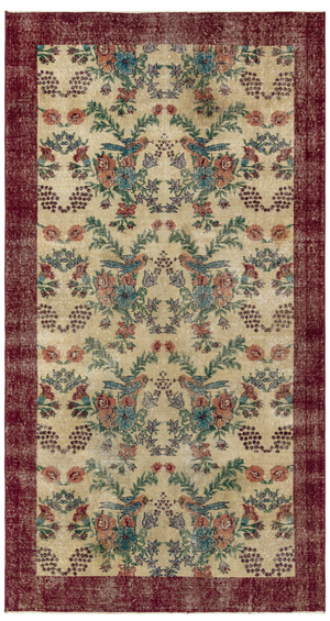 Retro Design Floral Over Dyed Vintage Rug 4'4'' x 8'1'' ft 133 x 247 cm