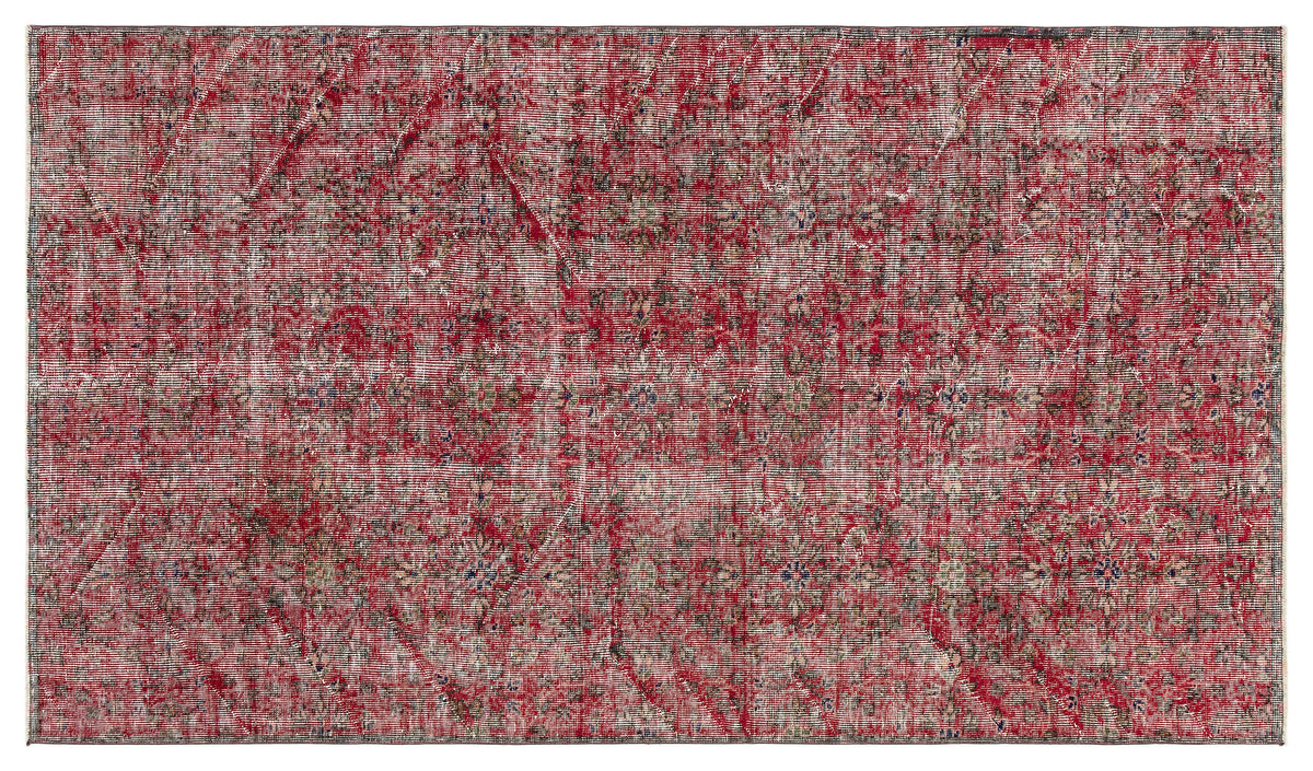 Retro Design Red Over Dyed Vintage Rug 4&#39;4&#39;&#39; x 7&#39;5&#39;&#39; ft 131 x 226 cm