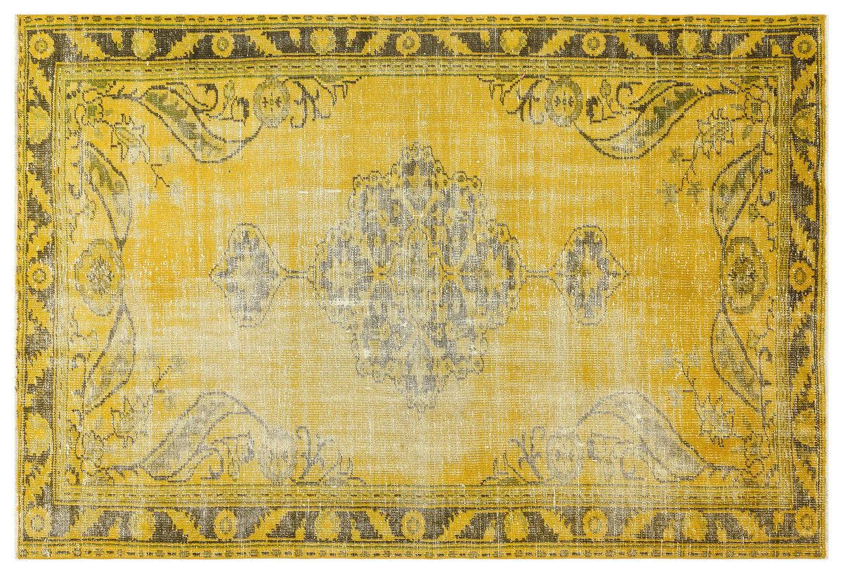 Traditional Design Yellow Over Dyed Vintage Rug 5&#39;5&#39;&#39; x 7&#39;10&#39;&#39; ft 164 x 238 cm