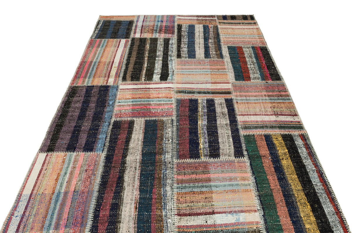 Striped Over Dyed Kilim Patchwork Unique Rug 5&#39;2&#39;&#39; x 7&#39;7&#39;&#39; ft 158 x 232 cm