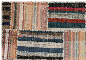 Striped Over Dyed Kilim Patchwork Unique Rug 5'2'' x 7'7'' ft 158 x 232 cm