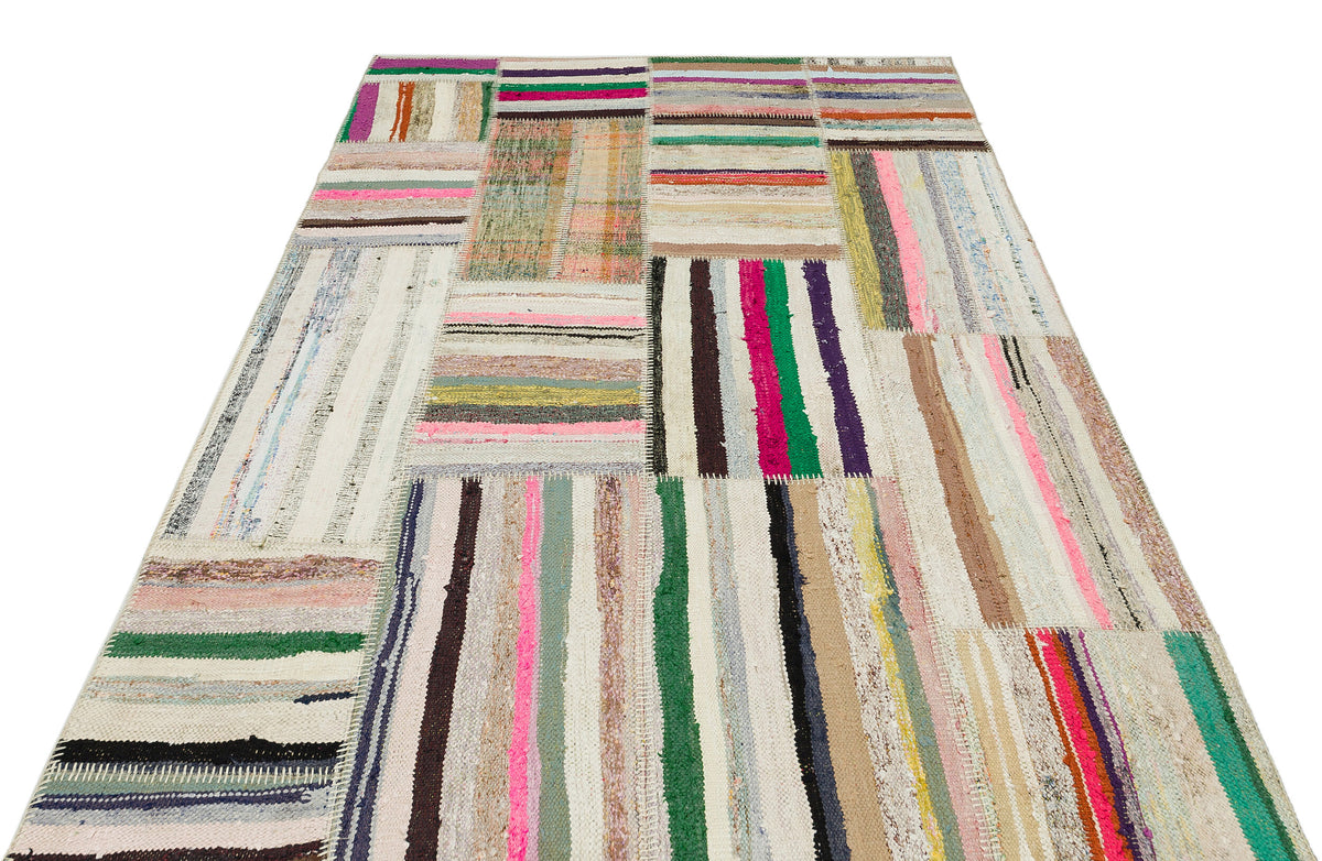 Striped Over Dyed Kilim Patchwork Unique Rug 5&#39;3&#39;&#39; x 7&#39;6&#39;&#39; ft 161 x 228 cm