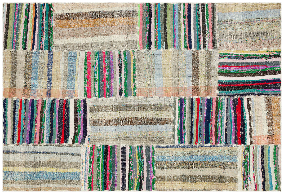 Striped Over Dyed Kilim Patchwork Unique Rug 5&#39;3&#39;&#39; x 7&#39;8&#39;&#39; ft 159 x 234 cm