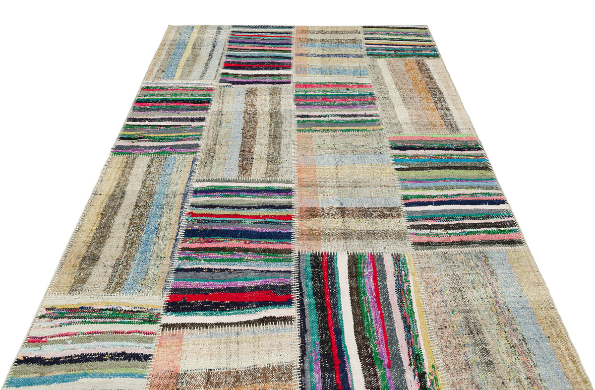 Striped Over Dyed Kilim Patchwork Unique Rug 5&#39;3&#39;&#39; x 7&#39;8&#39;&#39; ft 159 x 234 cm