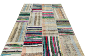 Striped Over Dyed Kilim Patchwork Unique Rug 5'3'' x 7'8'' ft 159 x 234 cm