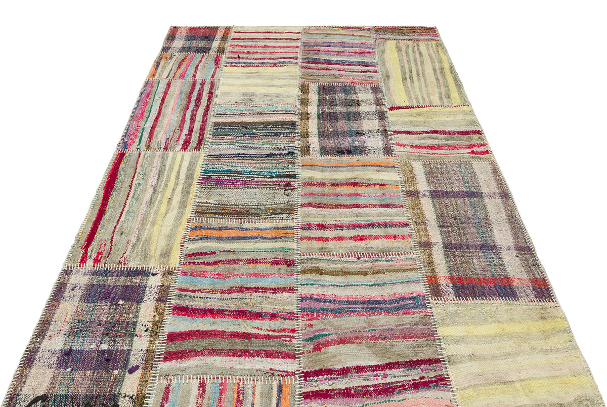 Striped Over Dyed Kilim Patchwork Unique Rug 5&#39;2&#39;&#39; x 7&#39;3&#39;&#39; ft 157 x 220 cm