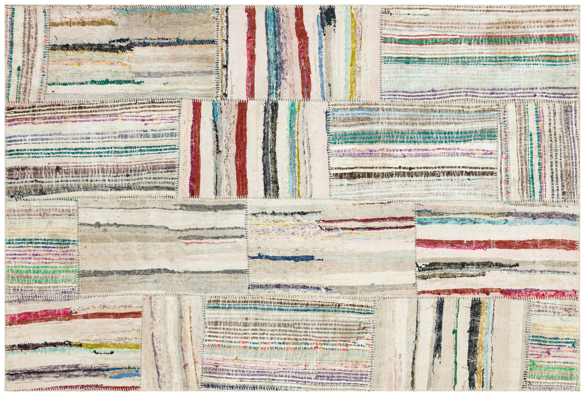 Striped Over Dyed Kilim Patchwork Unique Rug 5&#39;1&#39;&#39; x 7&#39;8&#39;&#39; ft 155 x 233 cm